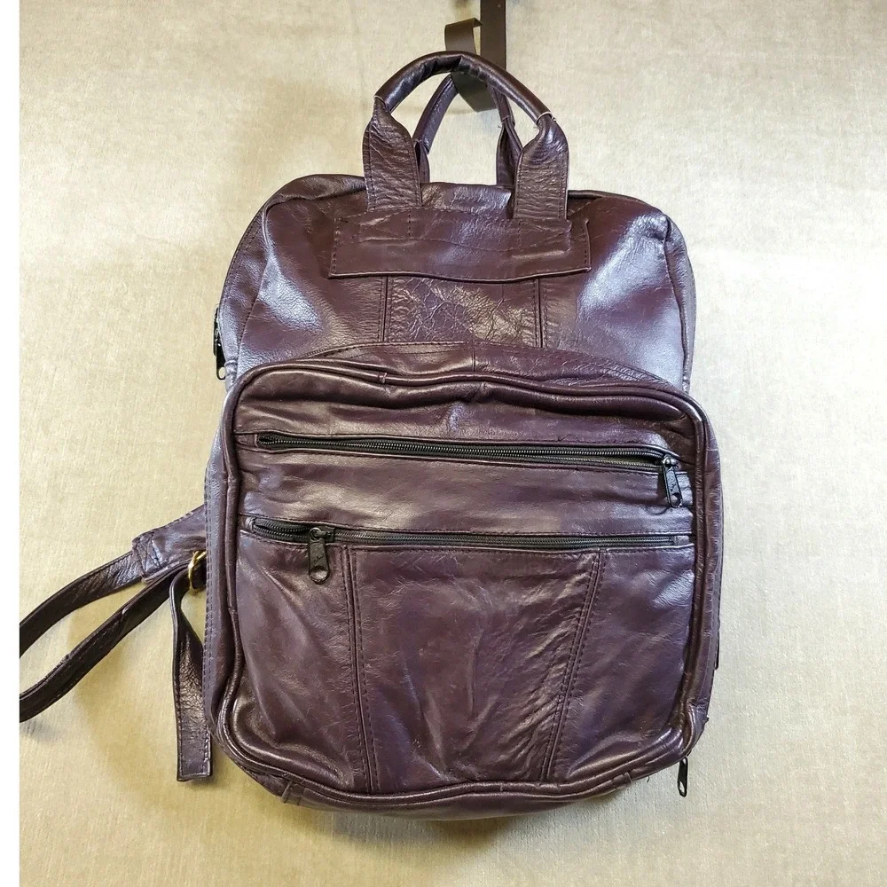 Vintage Plum Purple Soft Leather Backpack Multi Pocket Talon Zipper Bag